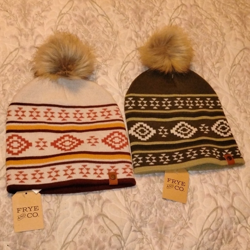 Frye & Co. Woman's Lot Of 2 Fair Isle Whisper White & Burnt Olive Beanies, NWT